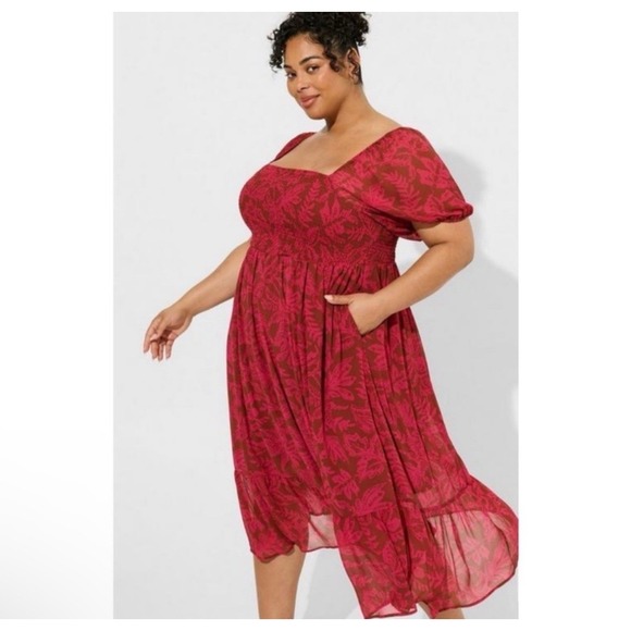 Torrid Leaves Tea Length Smocked Bodice Dress Size 4 Coquette Fairycore Romantic - Picture 7 of 11